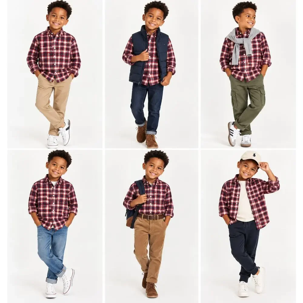 Old Navy Boys Red Navy Plaid Long Sleeve Button-Up Shirt Size 6/7 EUC